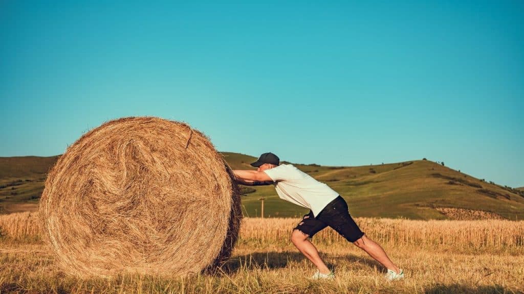 man pushing bale of hay