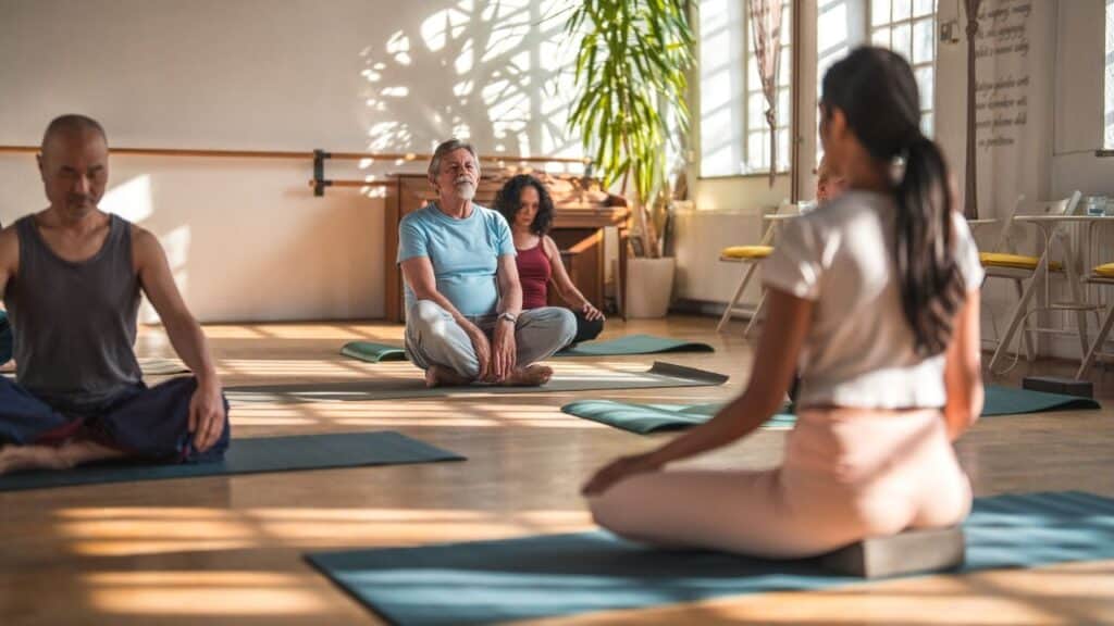 People seated in a yoga class