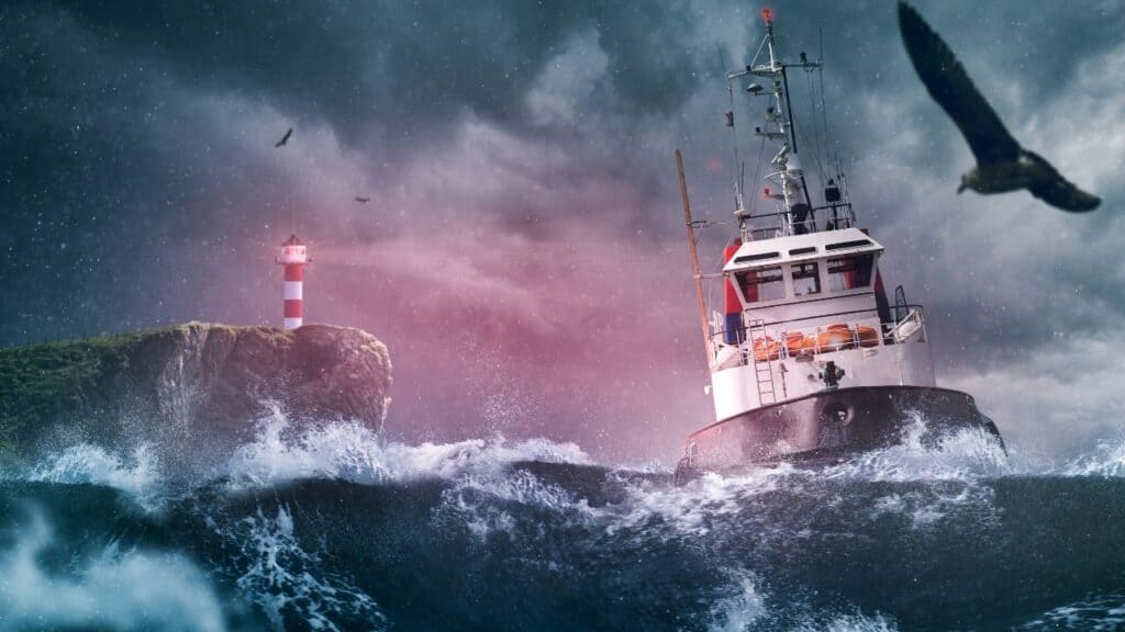 Ship in stormy seas, with a lighthouse leading the way